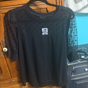 Torrid Black Blouse with Sheer Polka Dot Sleeves